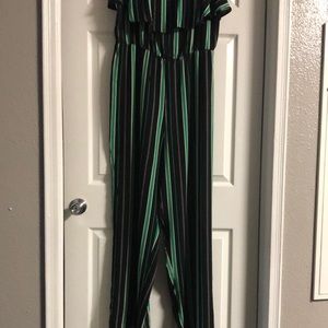 Spring and Summer Blue Black and Green Striped Off-The-Shoulder Ruffle Jumpsuit